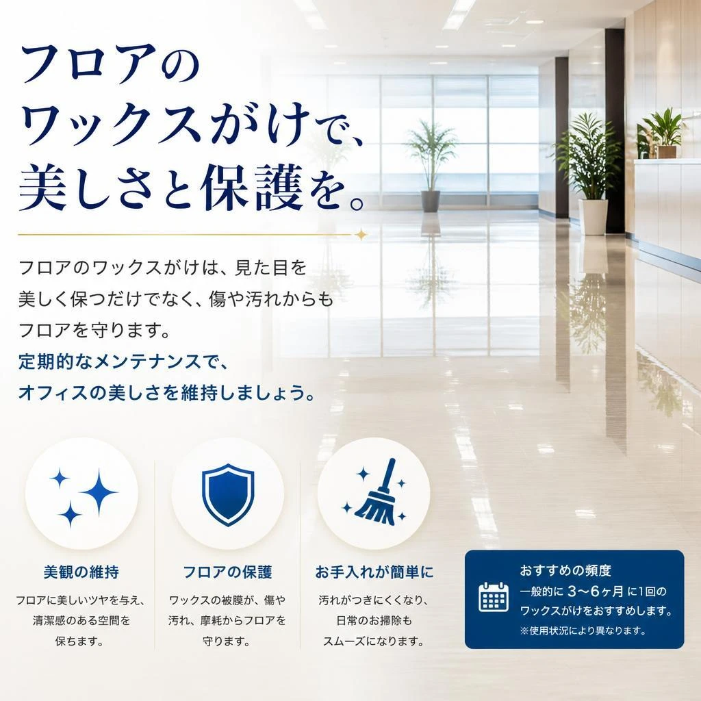 ワックスがけの効果で輝くフロア