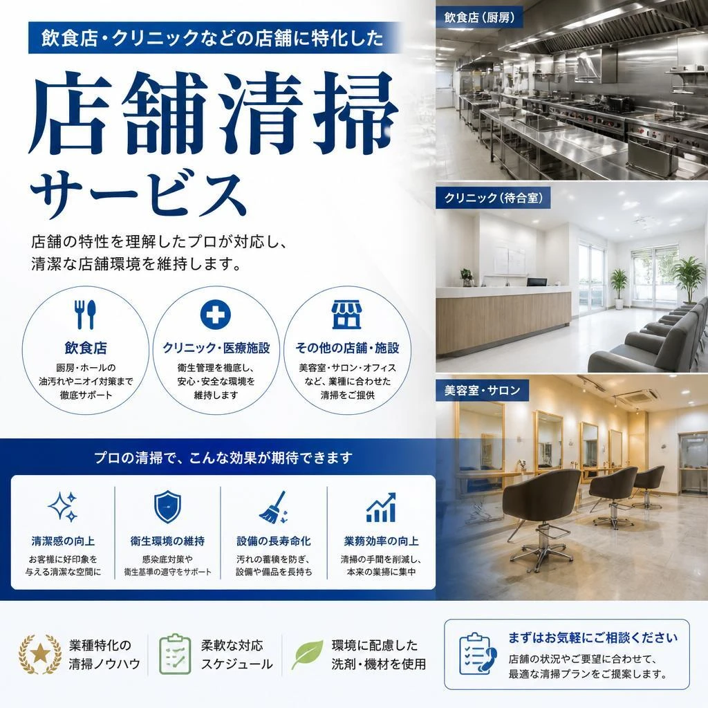 店舗清掃もお任せ！業種に応じたサービス