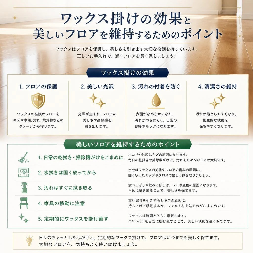 ワックス掛けで美しいフロアを