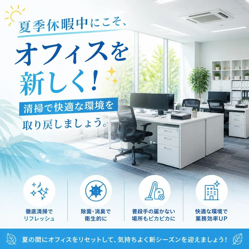 夏季休暇中にこそ、オフィスを新しく！清掃で快適な環境を取り戻しましょう。