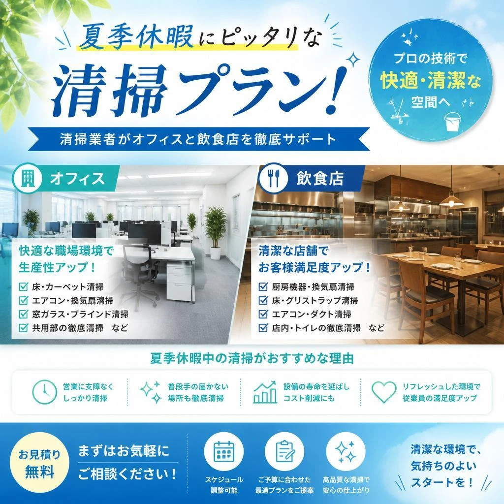 夏季休暇にピッタリな清掃プラン！清掃業者がオフィスと飲食店を徹底サポート