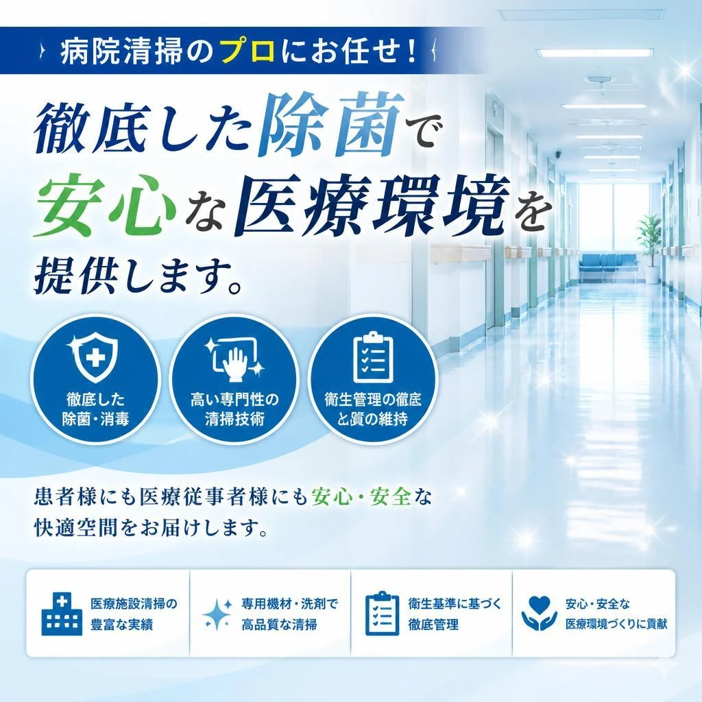 病院清掃のプロにお任せ！徹底した除菌で安心な医療環境を提供します。