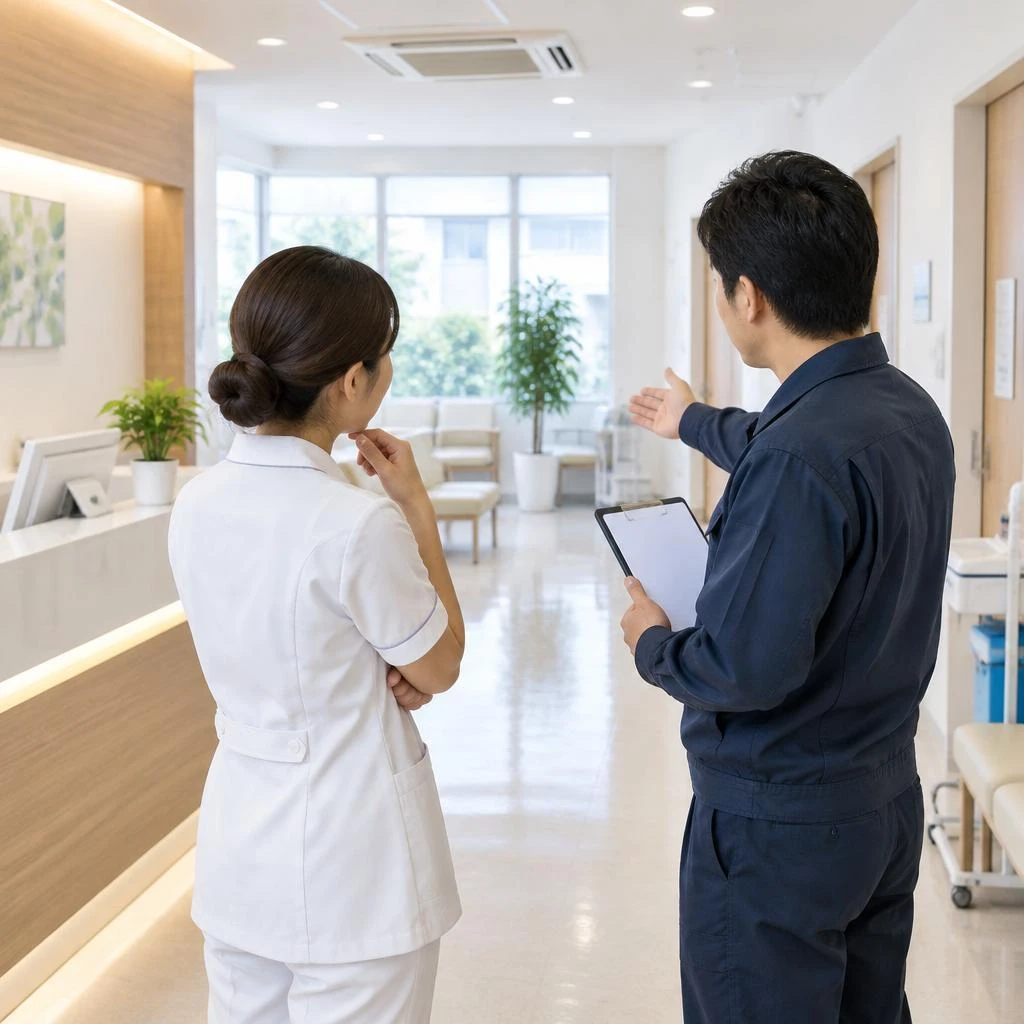 まずは現地確認・お見積もりから。医院の清掃のお悩みをご相談ください